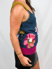 Kenzo 2000s Teal Floral Intarsia Knit Tank - S/M