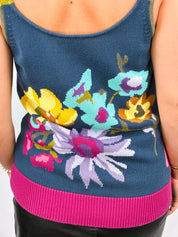 Kenzo 2000s Teal Floral Intarsia Knit Tank - S/M