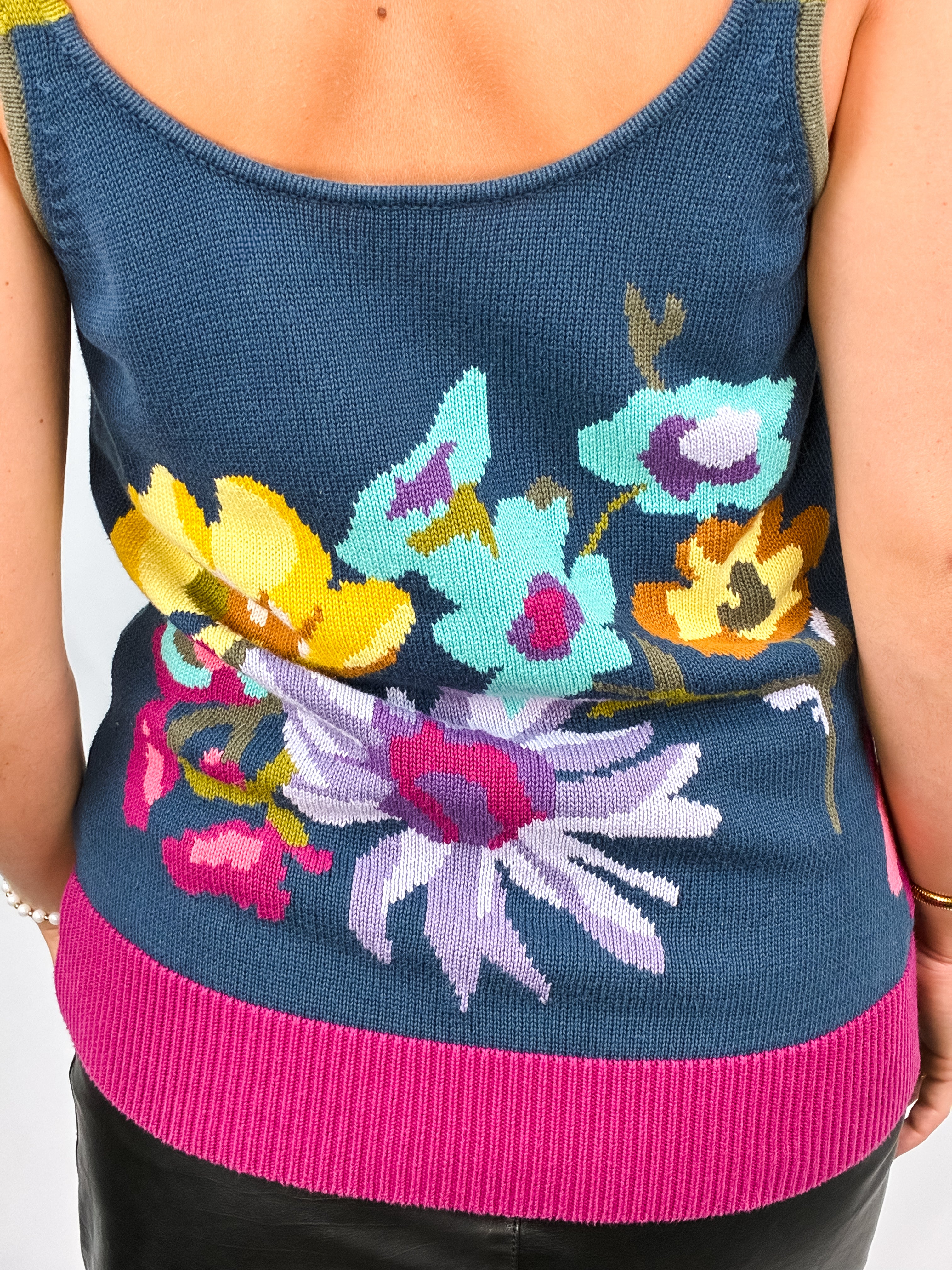 Kenzo 2000s Teal Floral Intarsia Knit Tank - S/M