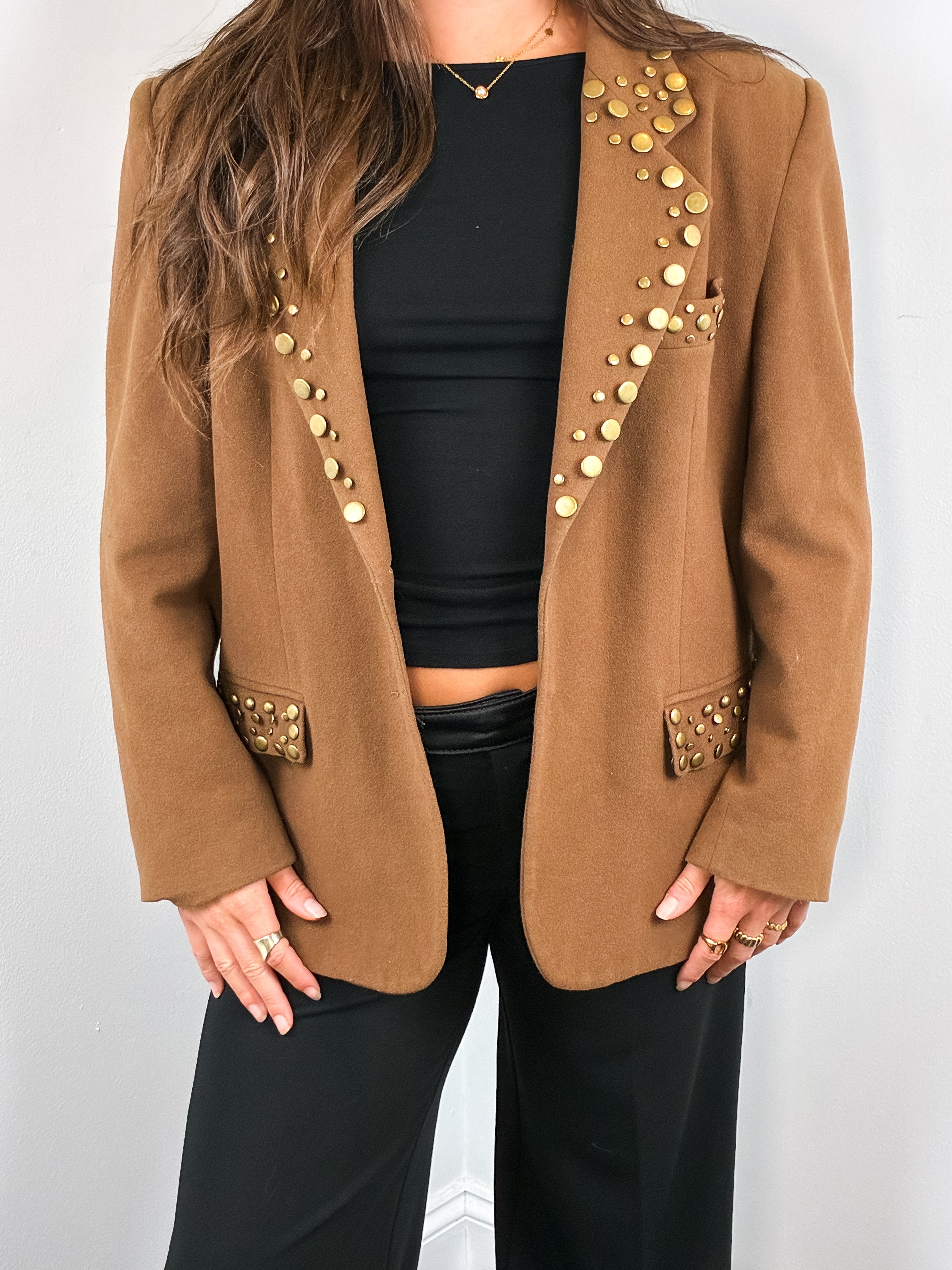 Alberta 1980s Gold Studded Tobacco Brown Blazer - M/L