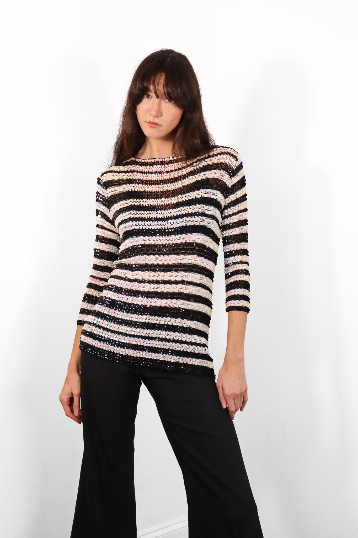 2000s Black & White Sequin Striped Crochet Knit Top - S-M