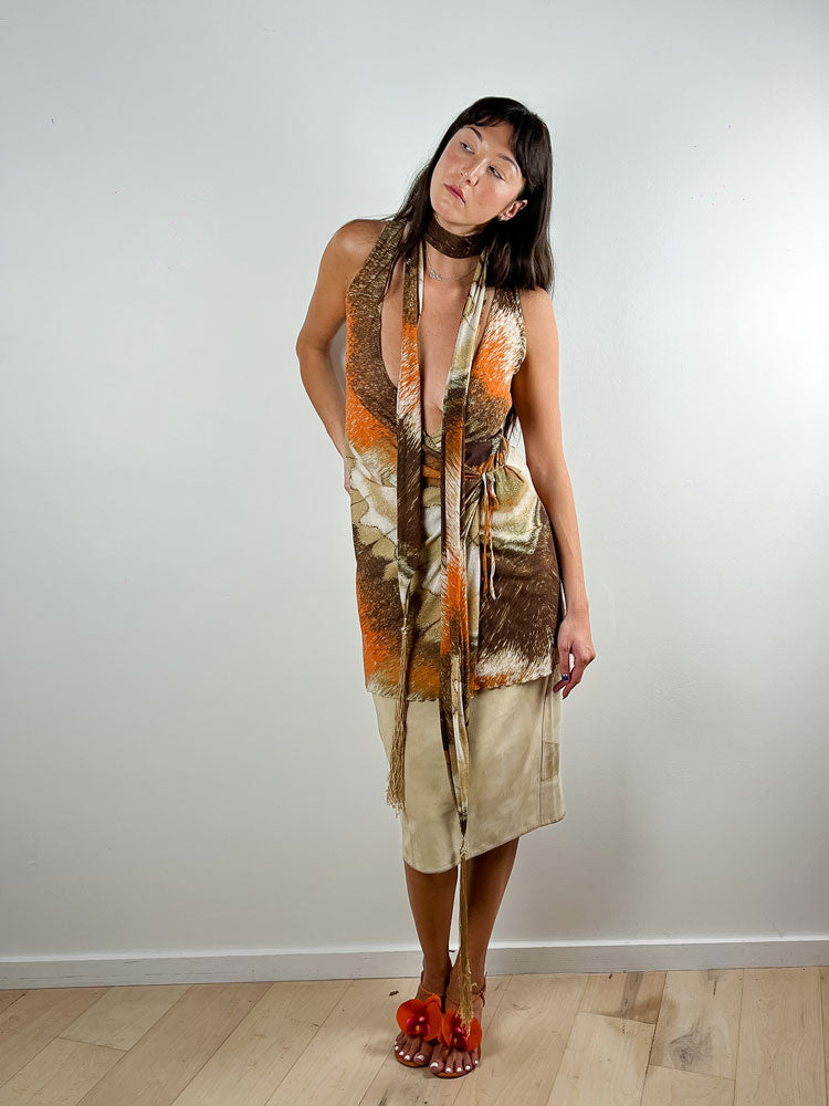 Roberto Cavalli Brown & Orange Abstract Print Dress with Matching Scarf