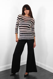 2000s Black & White Sequin Striped Crochet Knit Top - S-M