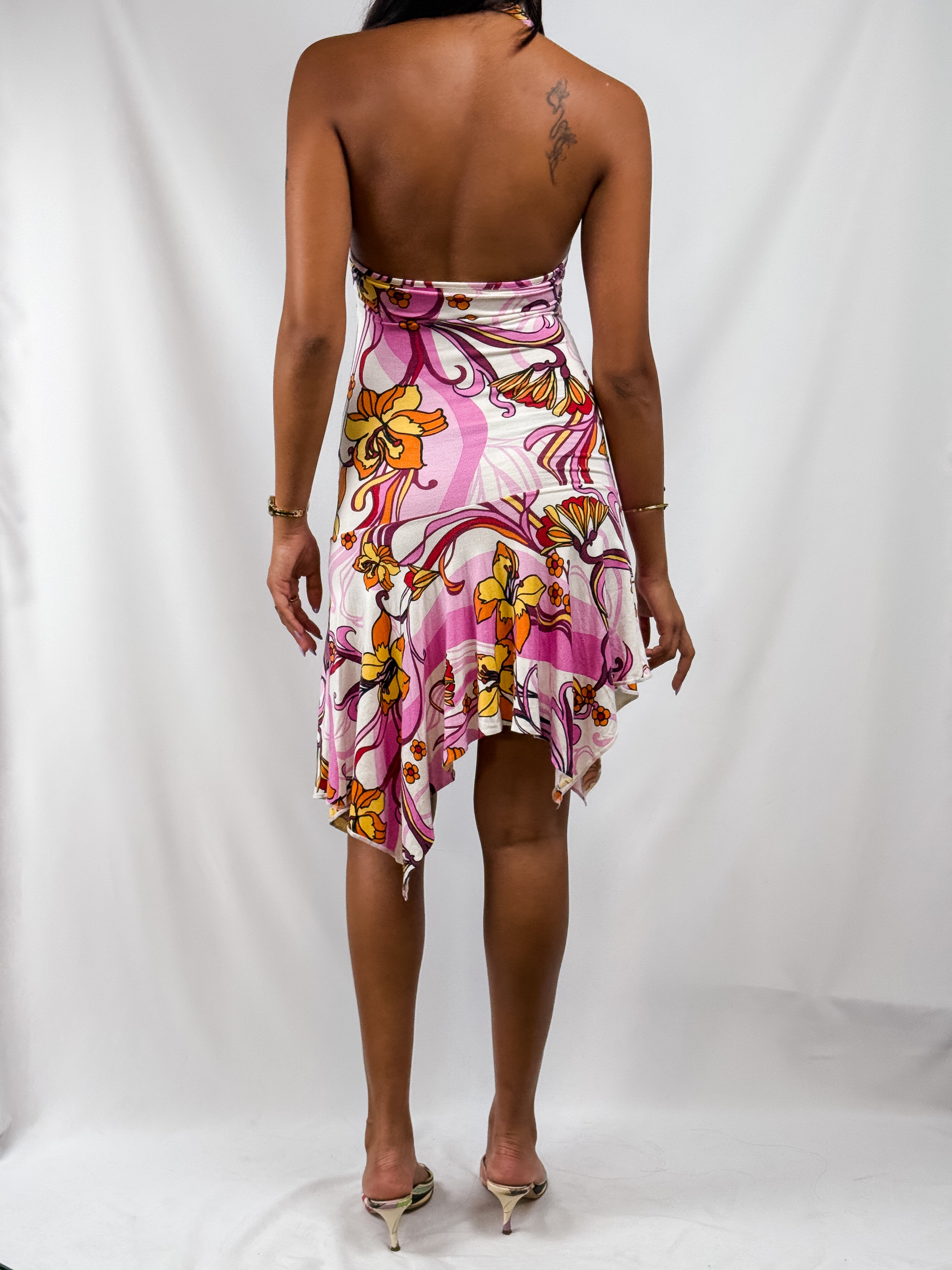 2000s Pink Tropical Floral Ruched Halter Mini Dress - XS/S
