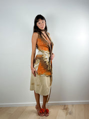 Roberto Cavalli Brown & Orange Abstract Print Dress with Matching Scarf