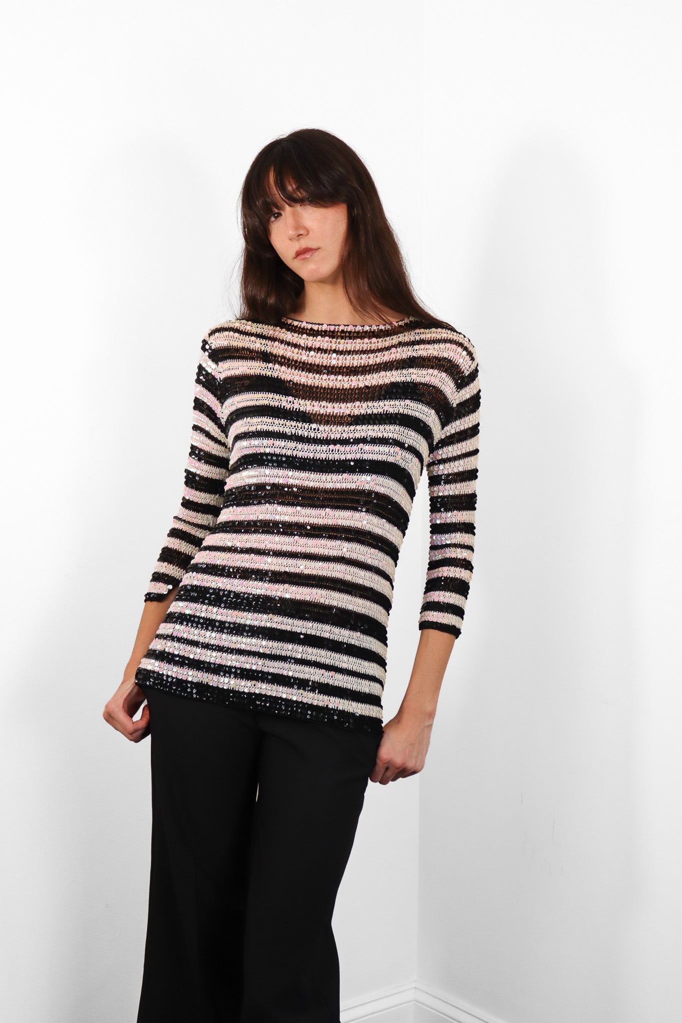 2000s Black & White Sequin Striped Crochet Knit Top - S-M