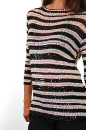 2000s Black & White Sequin Striped Crochet Knit Top - S-M