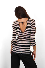 2000s Black & White Sequin Striped Crochet Knit Top - S-M