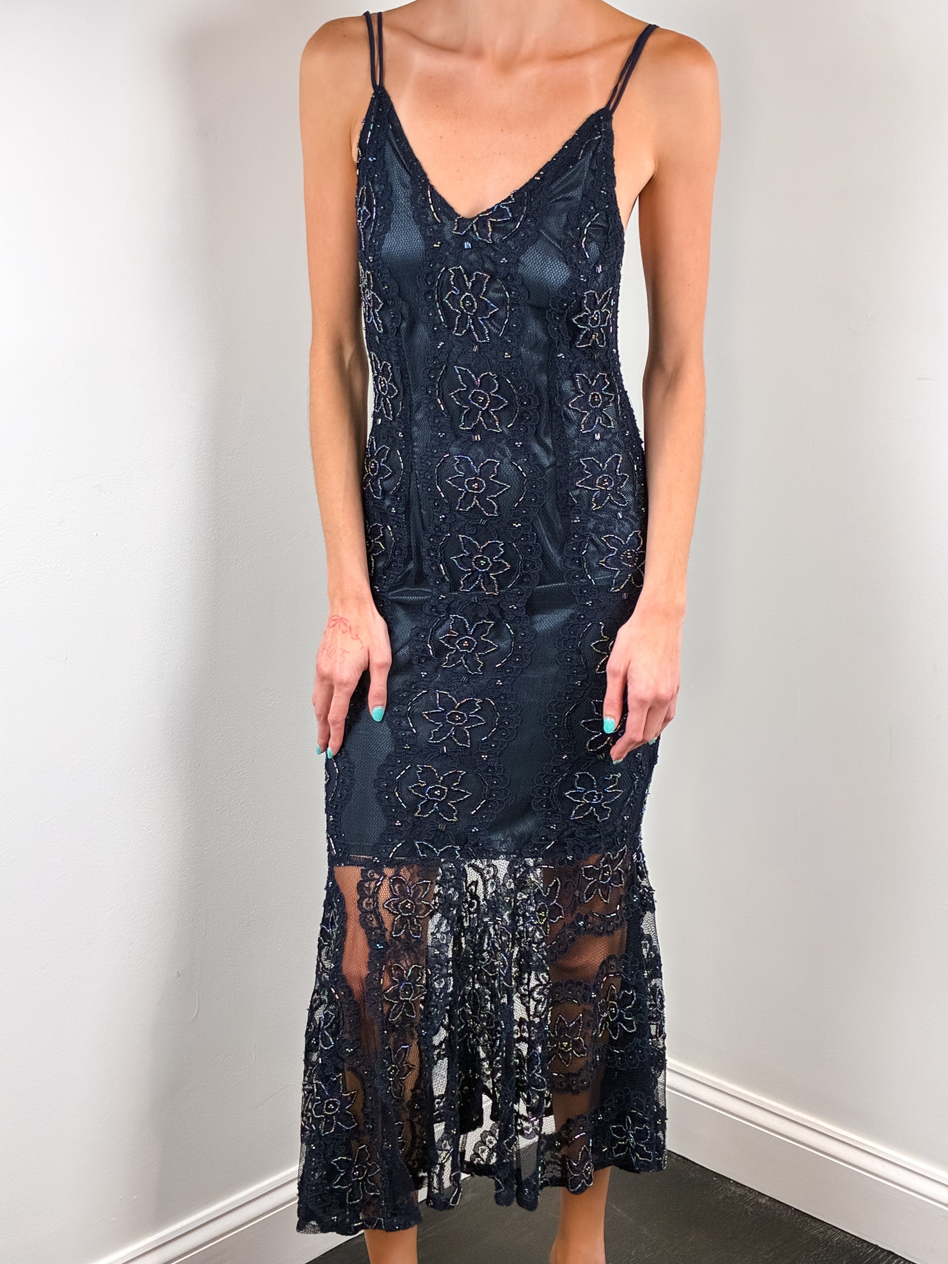 Fioretti 2000s Navy Beaded Lace Fishtail Midi Dress - XS/S