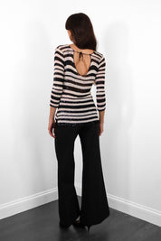 2000s Black & White Sequin Striped Crochet Knit Top - S-M