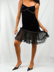 Germano Zama 2000s Black Velvet & Chiffon Ruffle Mini Dress - XS/S