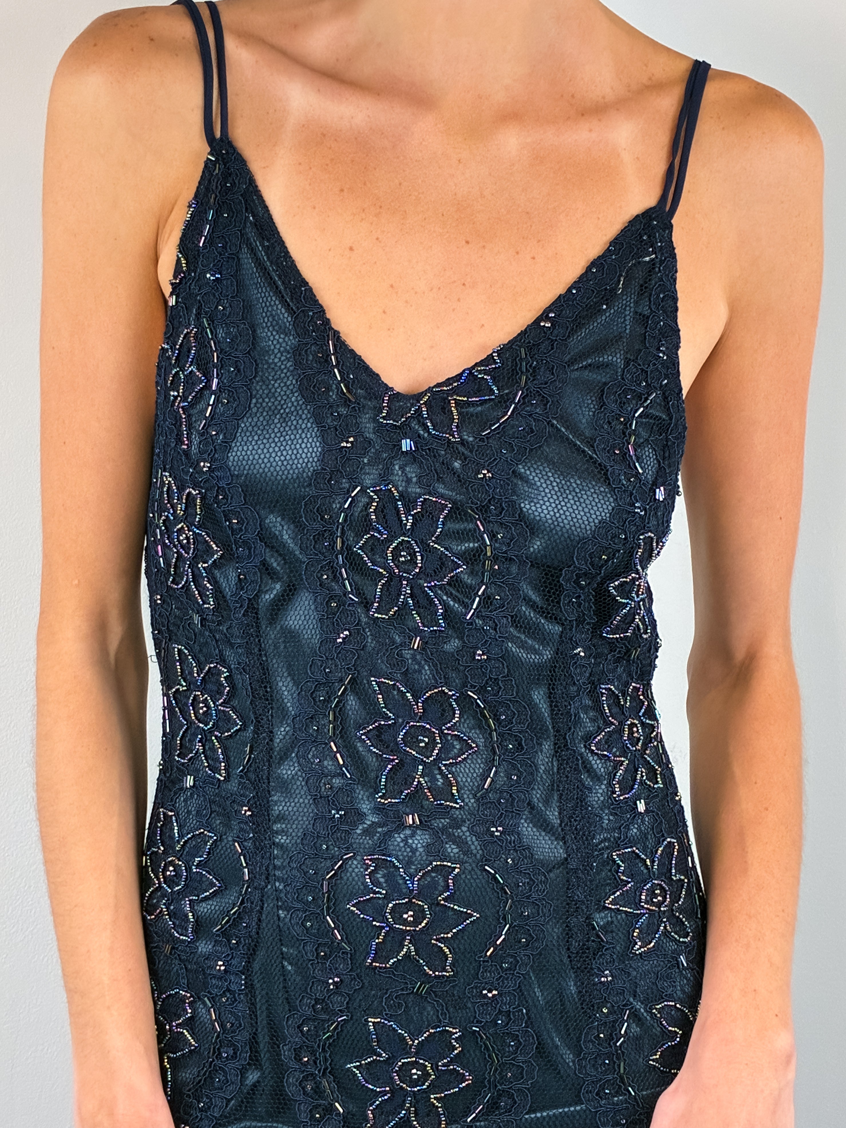 Fioretti 2000s Navy Beaded Lace Fishtail Midi Dress - XS/S