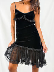 Germano Zama 2000s Black Velvet & Chiffon Ruffle Mini Dress - XS/S