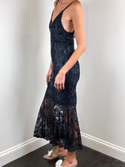 Fioretti 2000s Navy Beaded Lace Fishtail Midi Dress - XS/S