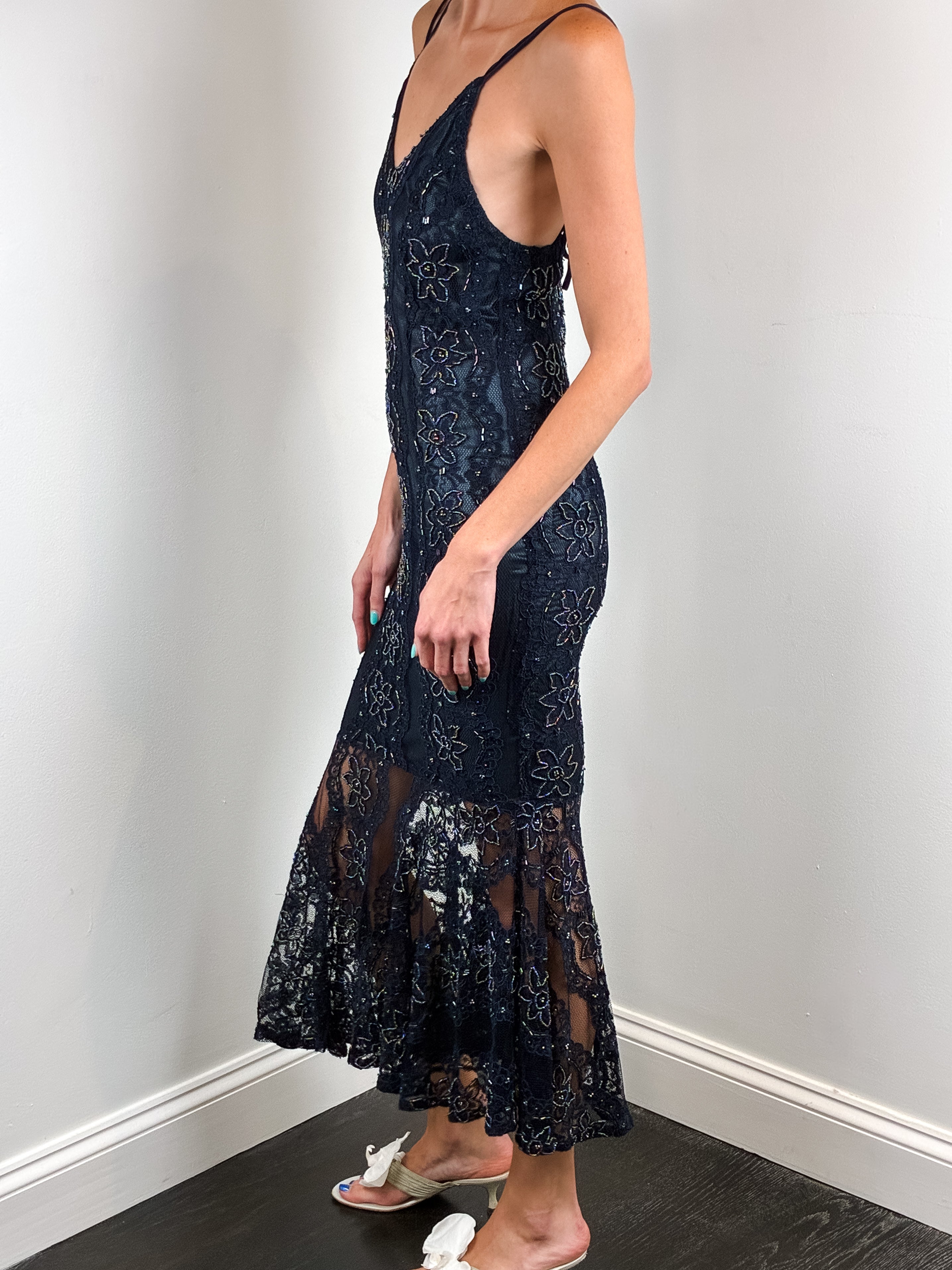 Fioretti 2000s Navy Beaded Lace Fishtail Midi Dress - XS/S
