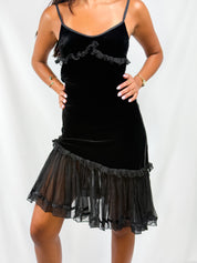 Germano Zama 2000s Black Velvet & Chiffon Ruffle Mini Dress - XS/S