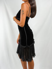 Germano Zama 2000s Black Velvet & Chiffon Ruffle Mini Dress - XS/S