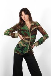 Nolita 2000s Sheer Camo Print Ruched Button-Up Shirt - S-M