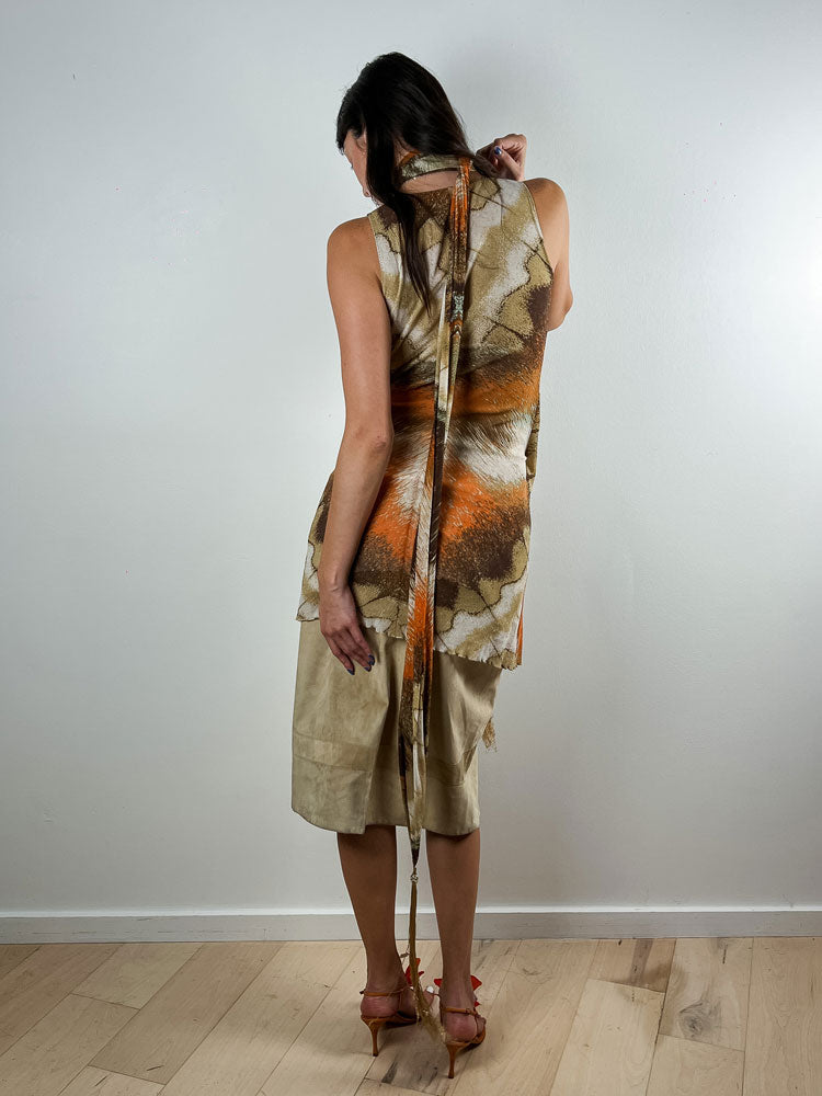 Roberto Cavalli Brown & Orange Abstract Print Dress with Matching Scarf