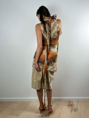 Roberto Cavalli Brown & Orange Abstract Print Dress with Matching Scarf