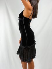 Germano Zama 2000s Black Velvet & Chiffon Ruffle Mini Dress - XS/S