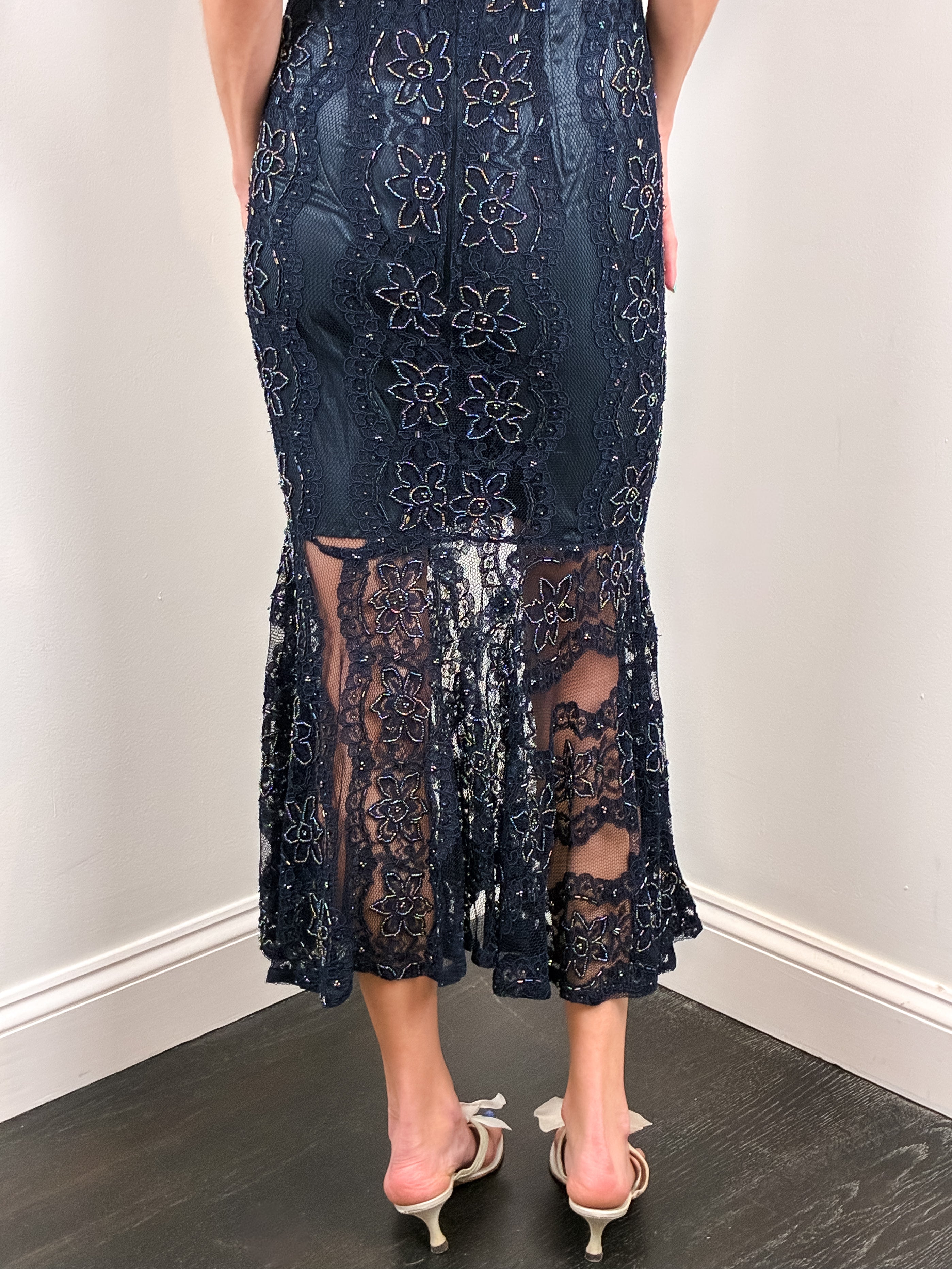 Fioretti 2000s Navy Beaded Lace Fishtail Midi Dress - XS/S