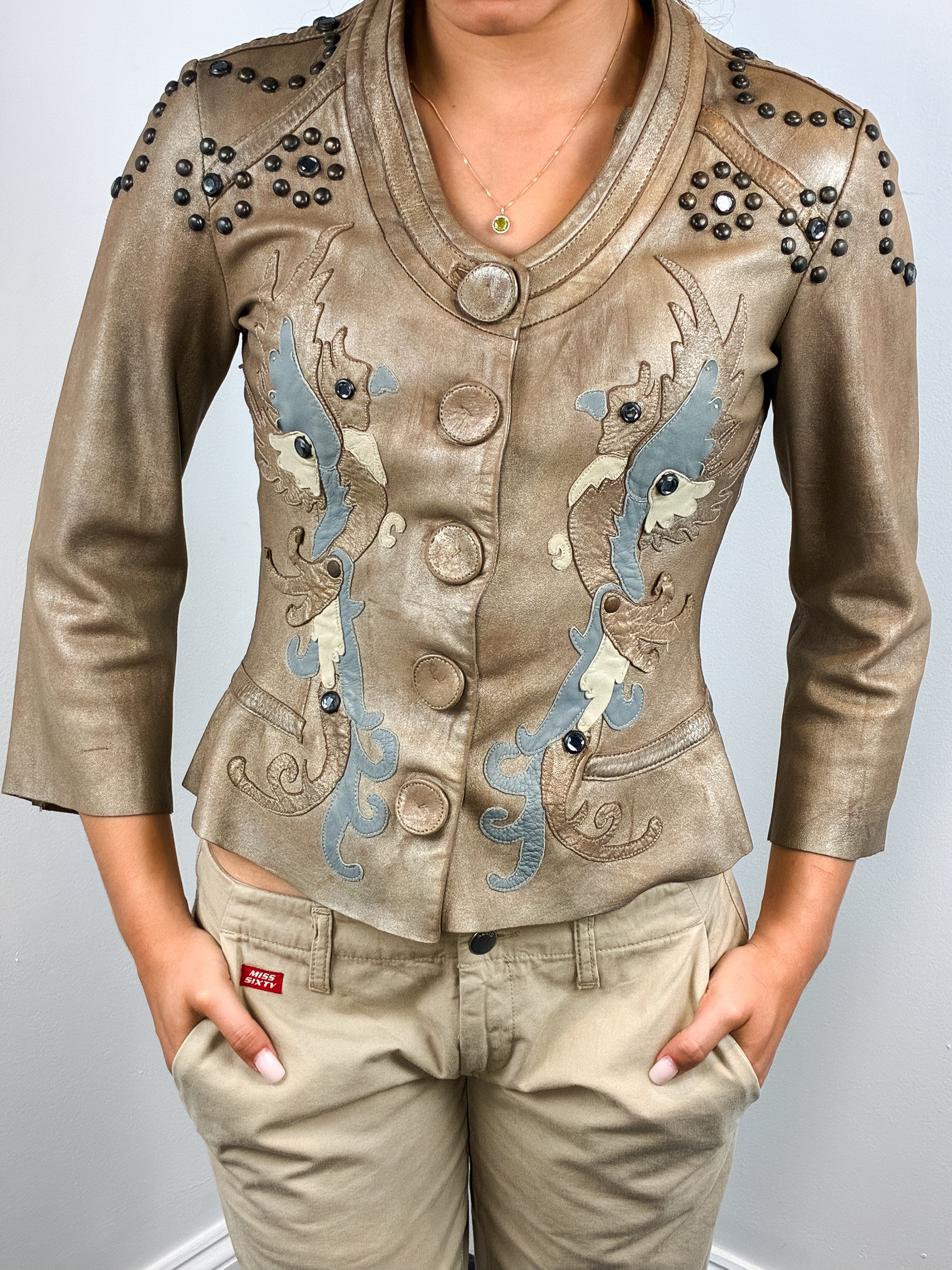 Nolita 2000s Light Tan Studded Leather Jacket with Dragon Appliqué - S