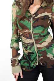Nolita 2000s Sheer Camo Print Ruched Button-Up Shirt - S-M