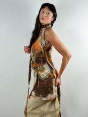 Roberto Cavalli Brown & Orange Abstract Print Dress with Matching Scarf