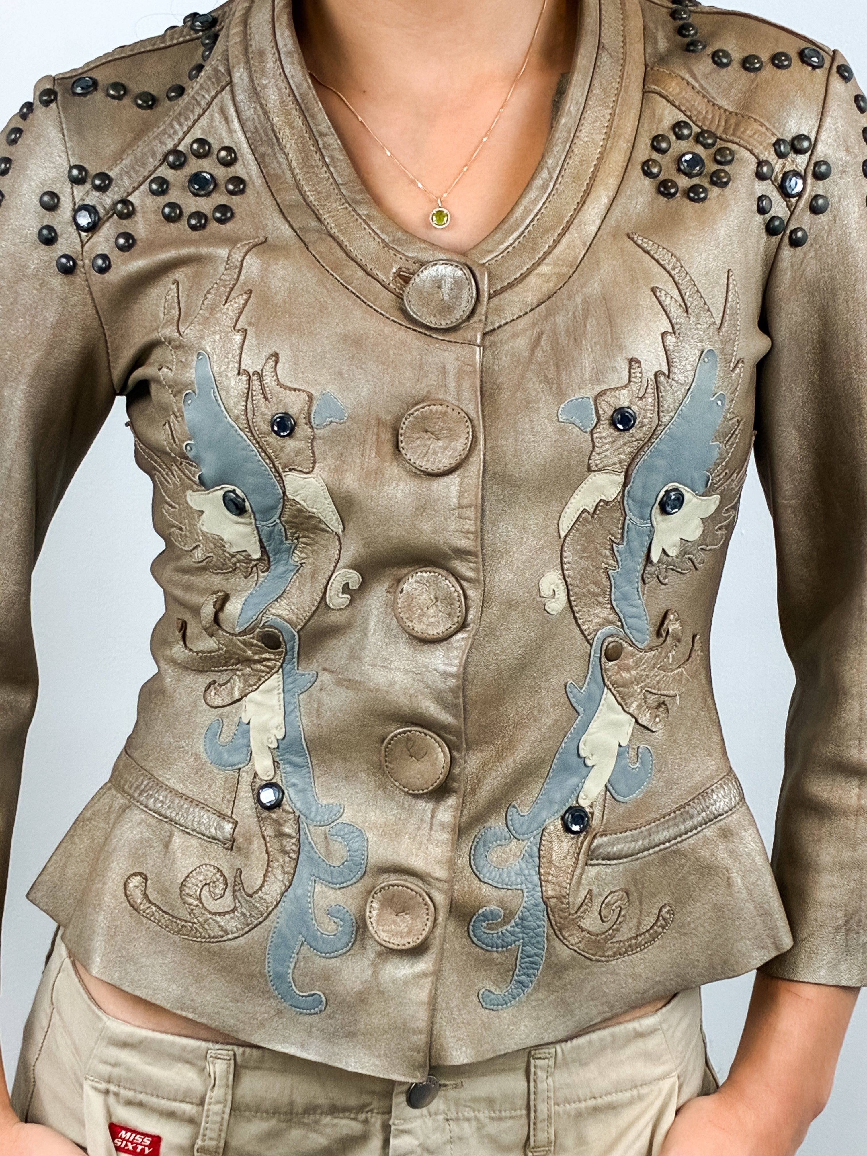 Nolita 2000s Light Tan Studded Leather Jacket with Dragon Appliqué - S