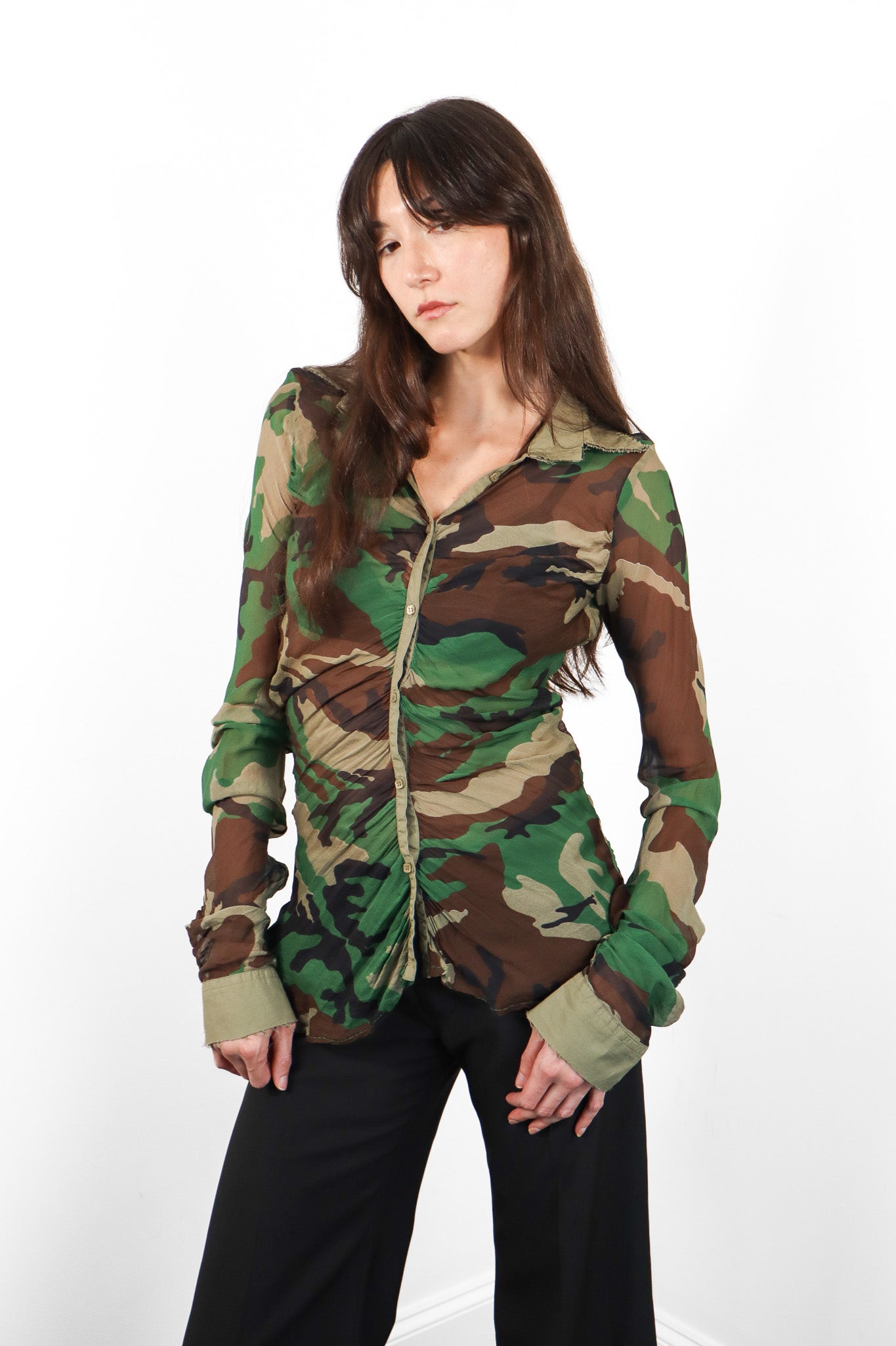 Nolita 2000s Sheer Camo Print Ruched Button-Up Shirt - S-M
