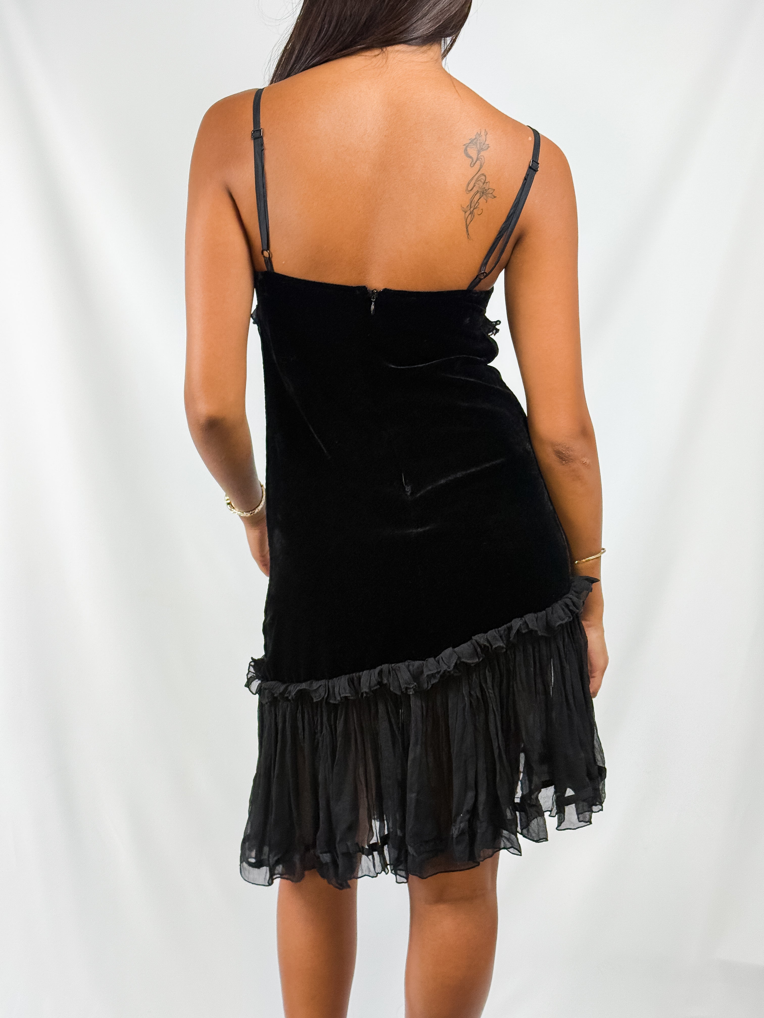 Germano Zama 2000s Black Velvet & Chiffon Ruffle Mini Dress - XS/S