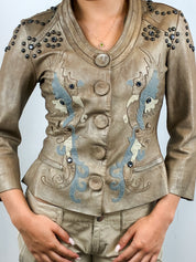 Nolita 2000s Light Tan Studded Leather Jacket with Dragon Appliqué - S