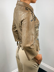 Nolita 2000s Light Tan Studded Leather Jacket with Dragon Appliqué - S