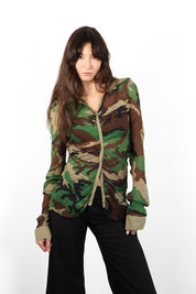 Nolita 2000s Sheer Camo Print Ruched Button-Up Shirt - S-M