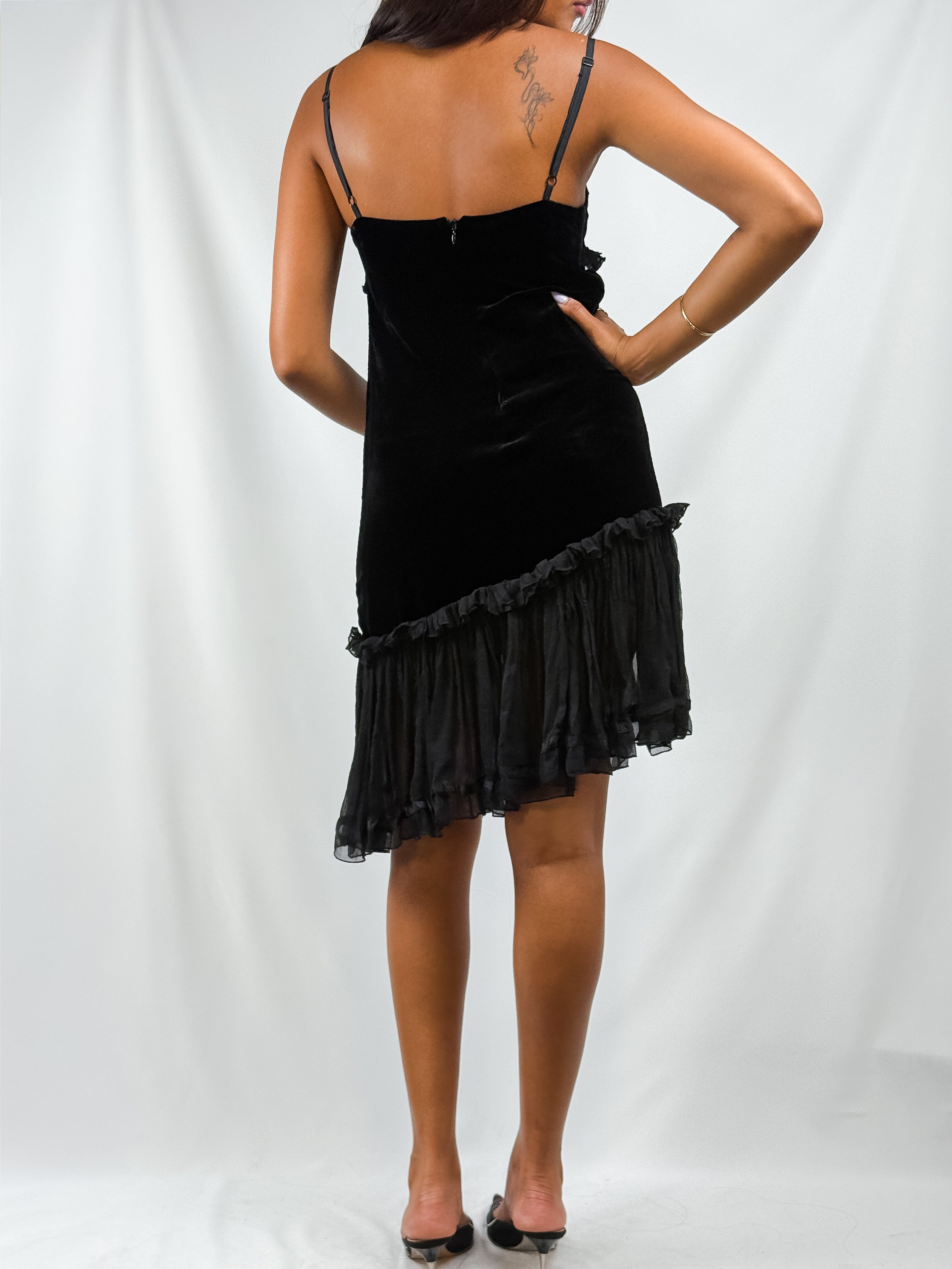 Germano Zama 2000s Black Velvet & Chiffon Ruffle Mini Dress - XS/S