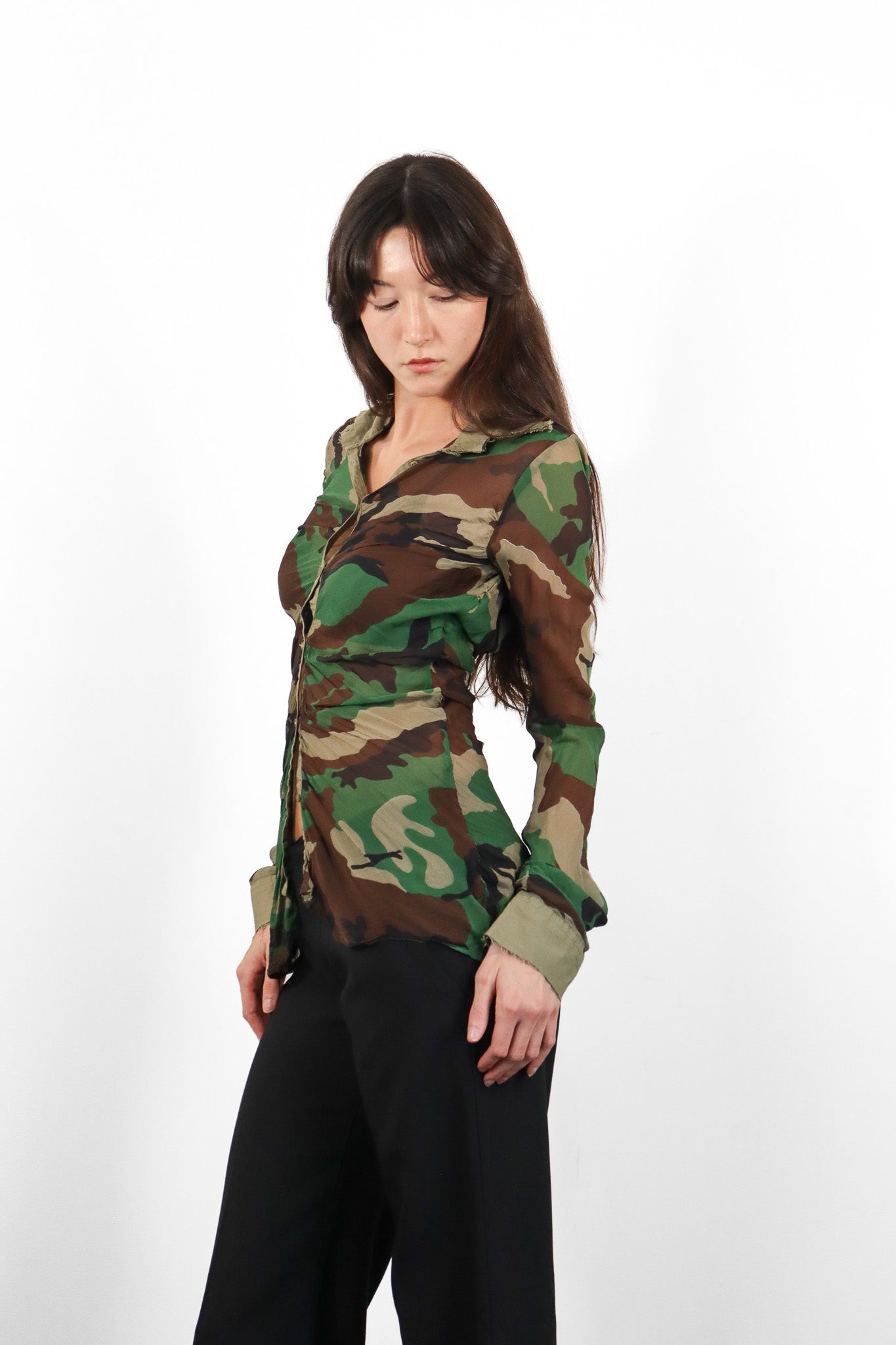 Nolita 2000s Sheer Camo Print Ruched Button-Up Shirt - S-M