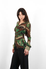 Nolita 2000s Sheer Camo Print Ruched Button-Up Shirt - S-M
