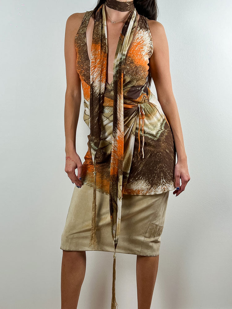 Roberto Cavalli Brown & Orange Abstract Print Dress with Matching Scarf