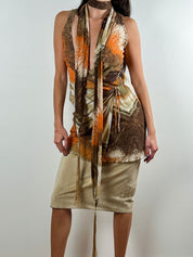 Roberto Cavalli Brown & Orange Abstract Print Dress with Matching Scarf