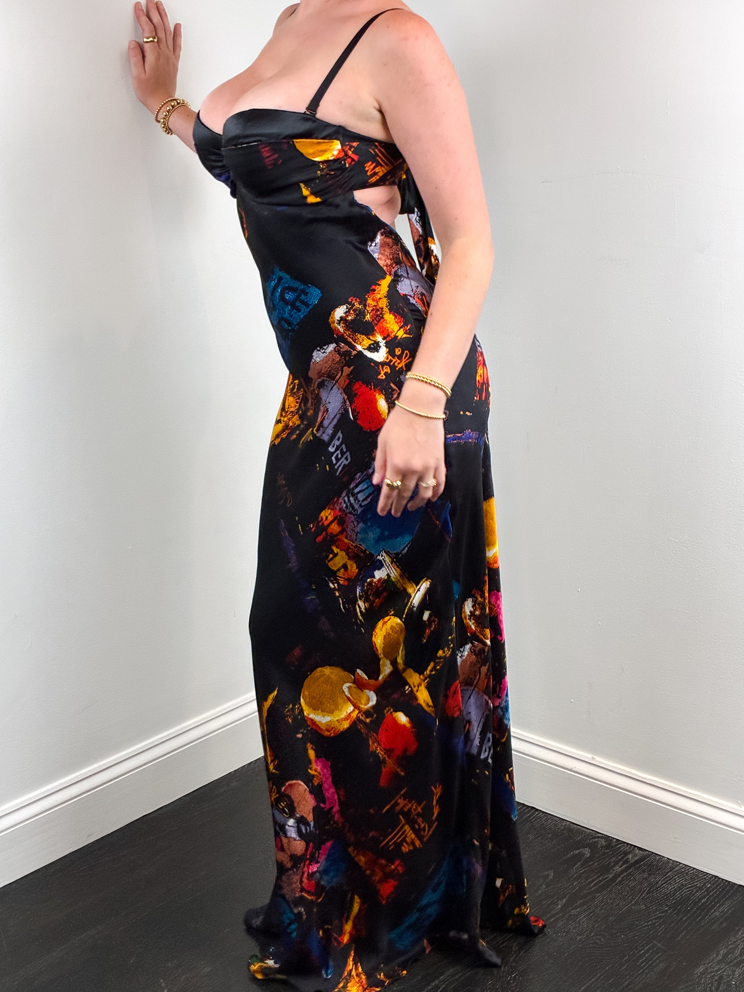 Iceberg 2000s Black Multicolor Print Silk Mermaid Gown - M