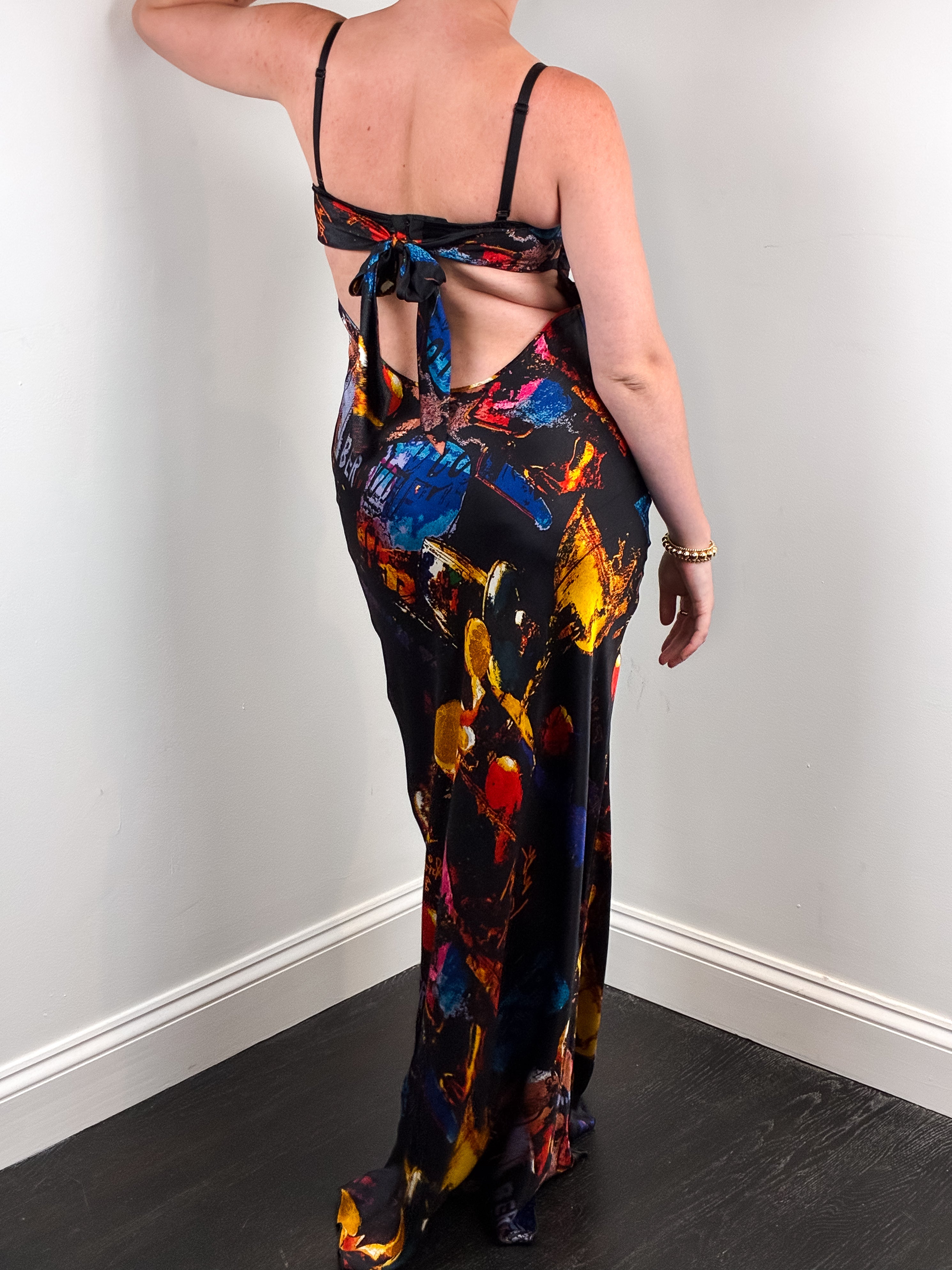 Iceberg 2000s Black Multicolor Print Silk Mermaid Gown - M