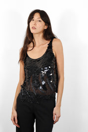 Mark Cheung 1980s Black Silk Paillette & Glass Beaded Sheer Tank Top - M