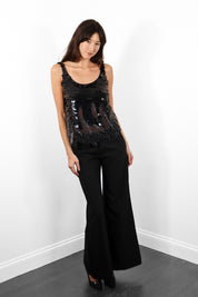 Mark Cheung 1980s Black Silk Paillette & Glass Beaded Sheer Tank Top - M