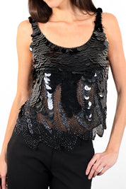 Mark Cheung 1980s Black Silk Paillette & Glass Beaded Sheer Tank Top - M
