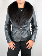 2000s Black Leather Real Fur Shawl Collar Belted Jacket - M