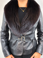 2000s Black Leather Real Fur Shawl Collar Belted Jacket - M