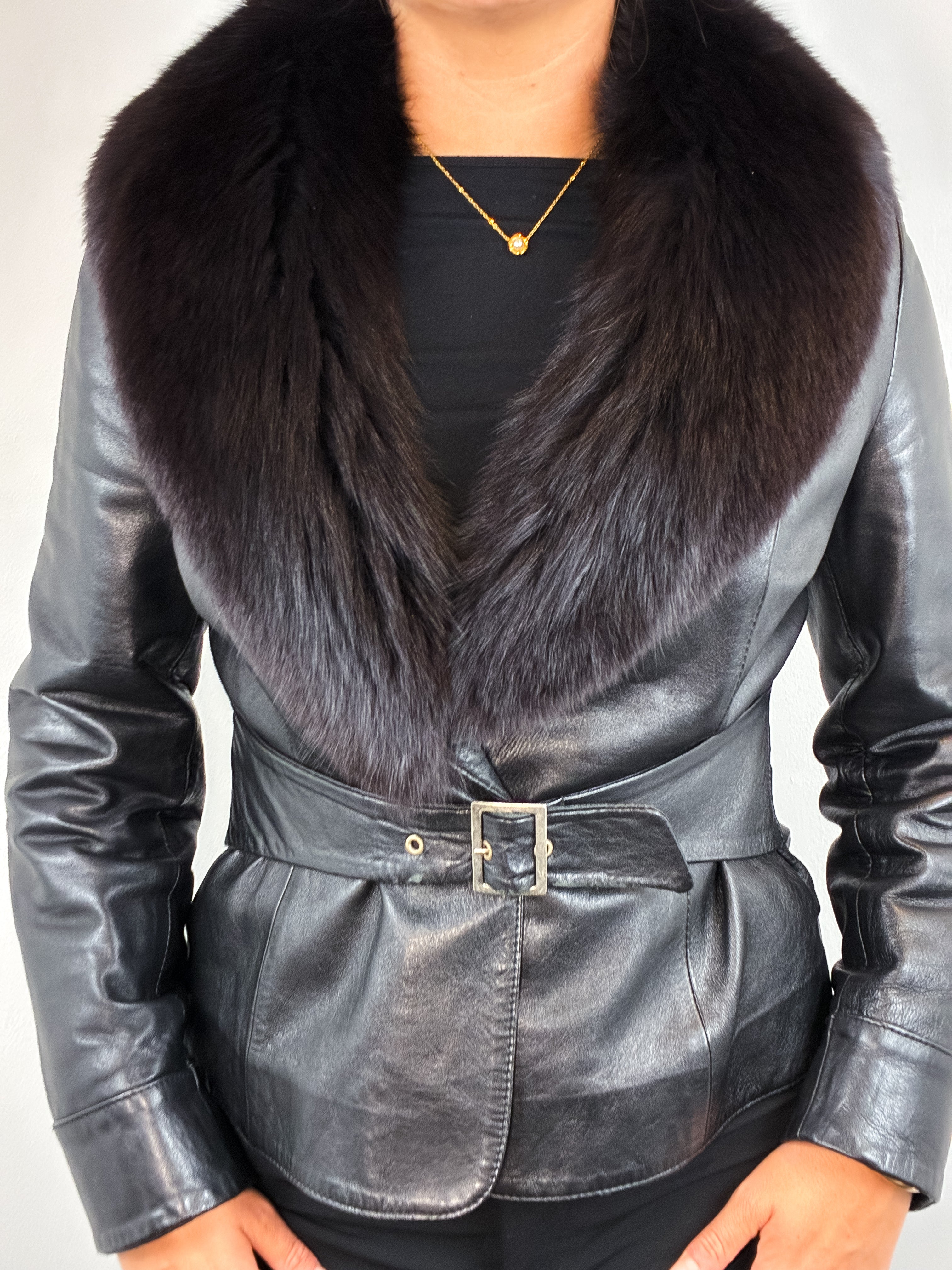 2000s Black Leather Real Fur Shawl Collar Belted Jacket - M