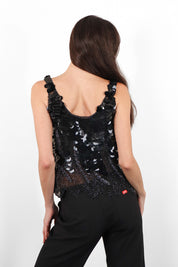 Mark Cheung 1980s Black Silk Paillette & Glass Beaded Sheer Tank Top - M