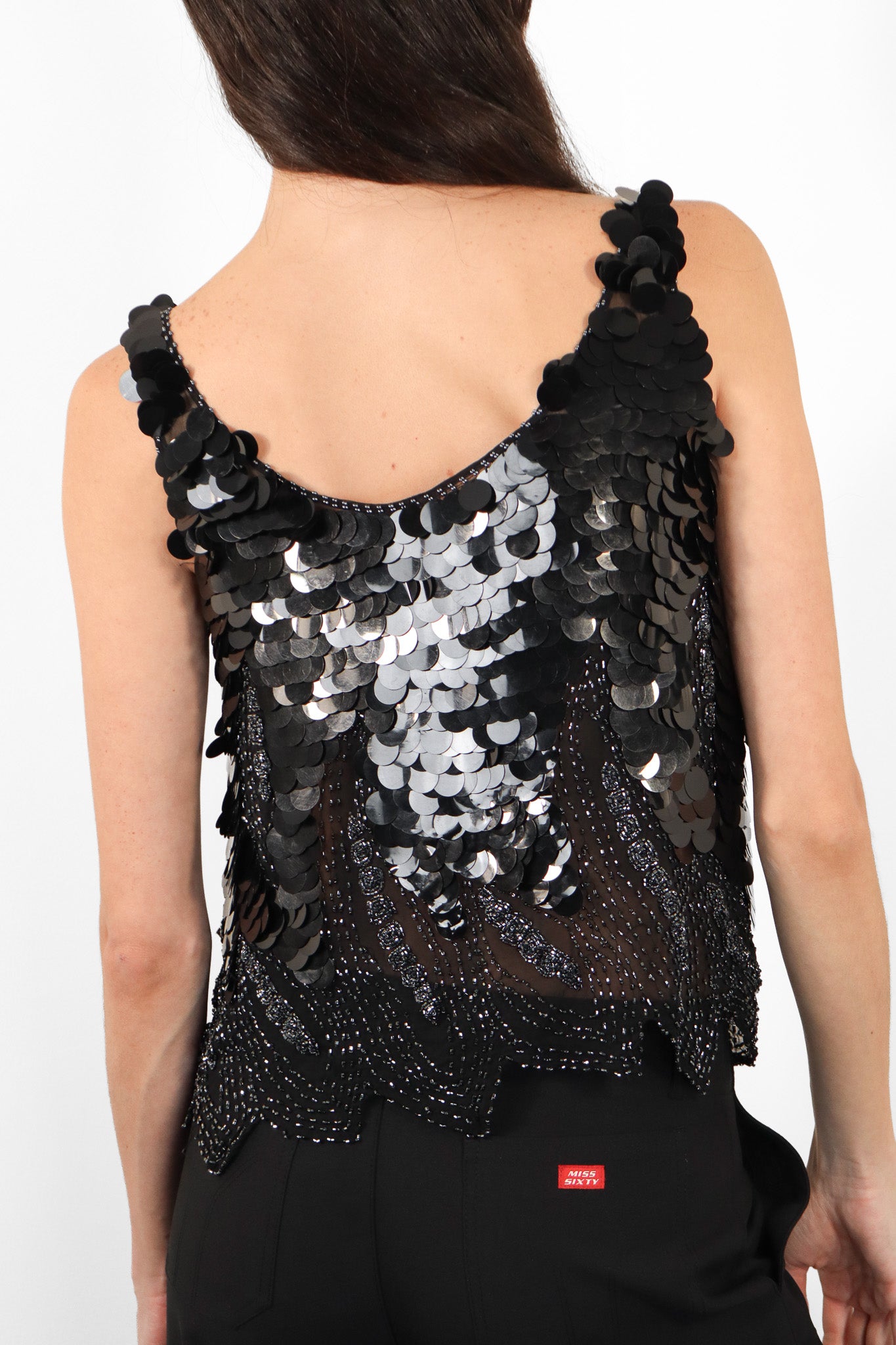 Mark Cheung 1980s Black Silk Paillette & Glass Beaded Sheer Tank Top - M